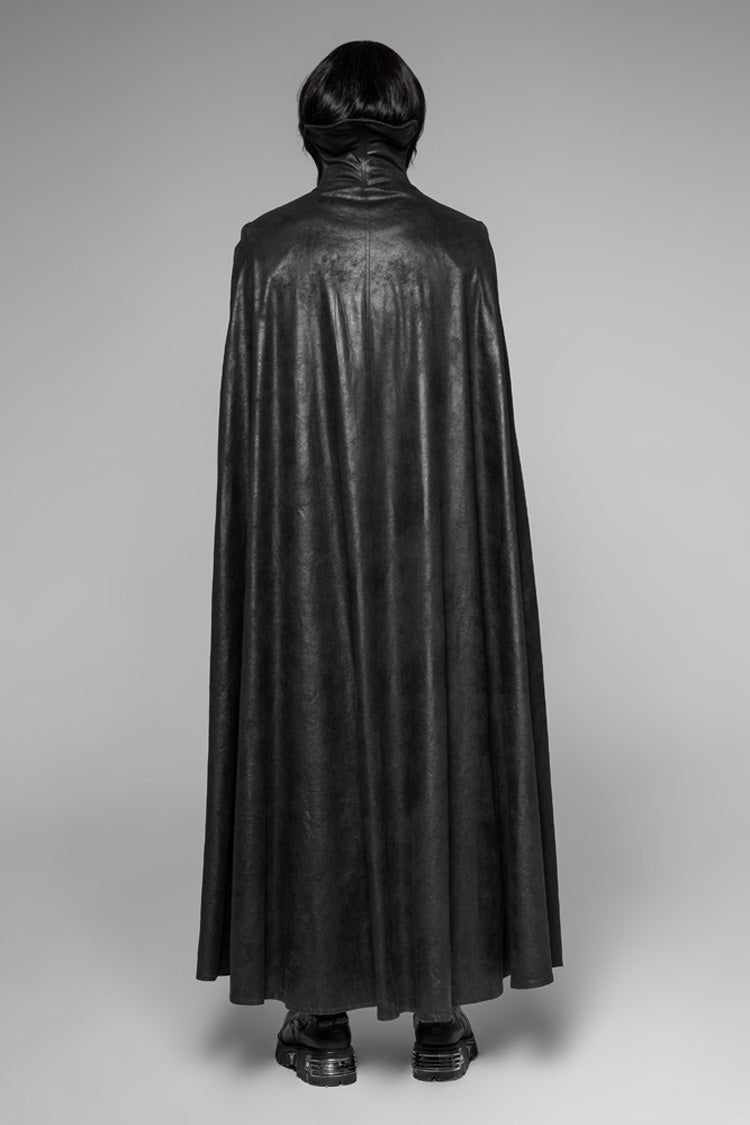 Black Long Sleeve Stand Up Collar Front Metal Decoration Paisley Pattern Embossed Velvet Men's Gothic Coat With Cloak - Product - 3