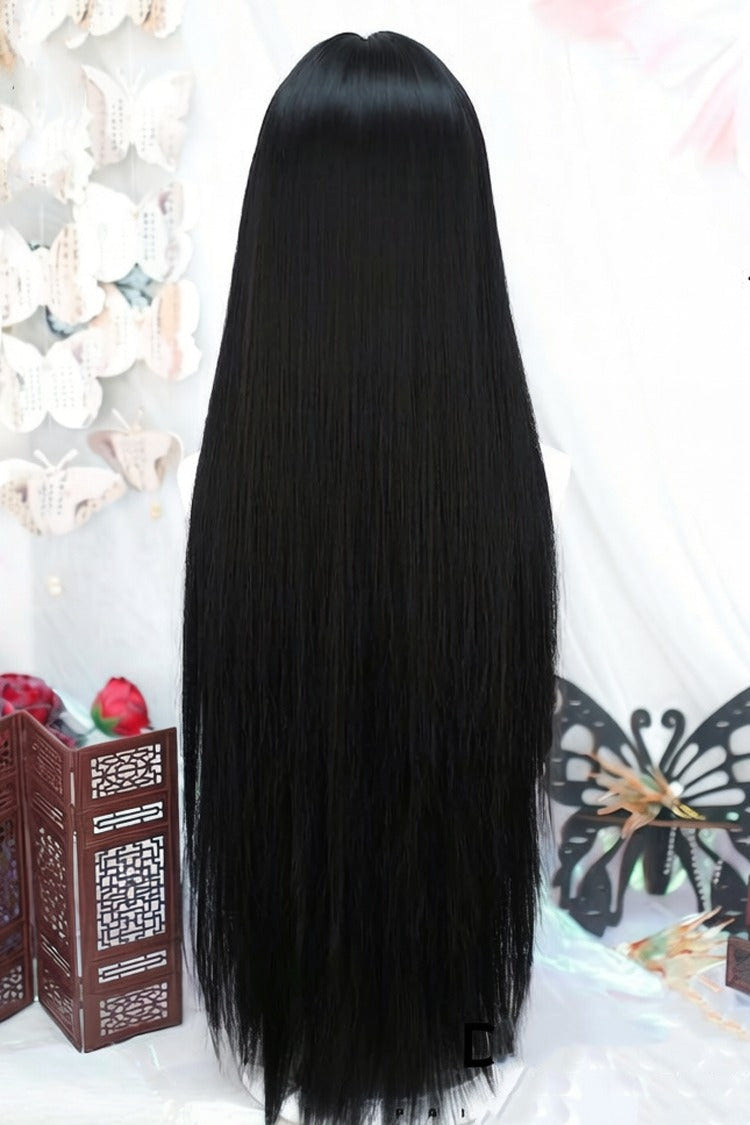 Natural Black Phoenix Tail Style Long Straight Sweet Lolita Wig with Airy Bangs - Product - 3
