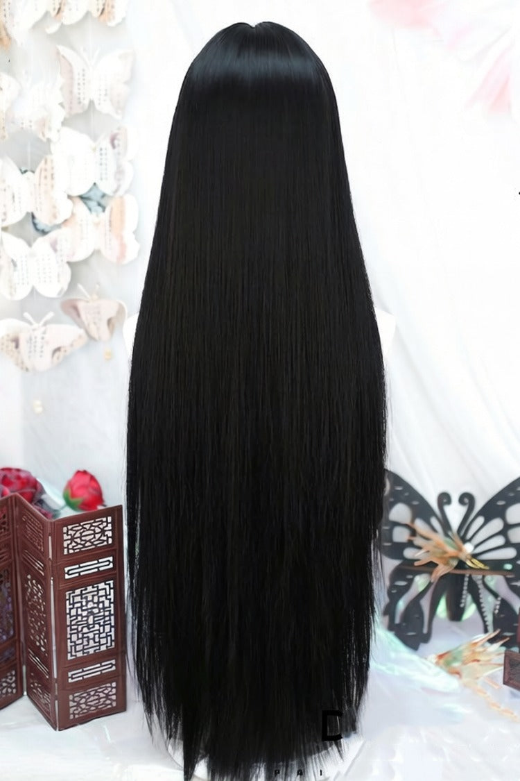Natural Black Phoenix Tail Style Long Straight Sweet Lolita Wig with Airy Bangs - Product - 3