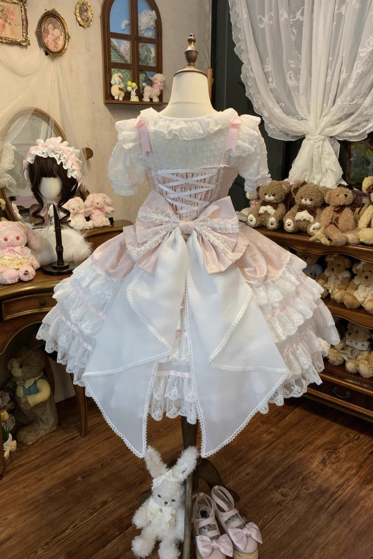 Pink [Snow Kissed Romance] Sleeveless High Waisted Multi-Layered Bowknot Lace Pearl Sweet Ballet Lolita Jsk Dress - Product - 2