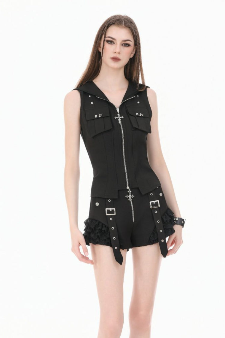 Black Sleeveless Studded Zippered Women's Punk Hooded Vest - Product - 6
