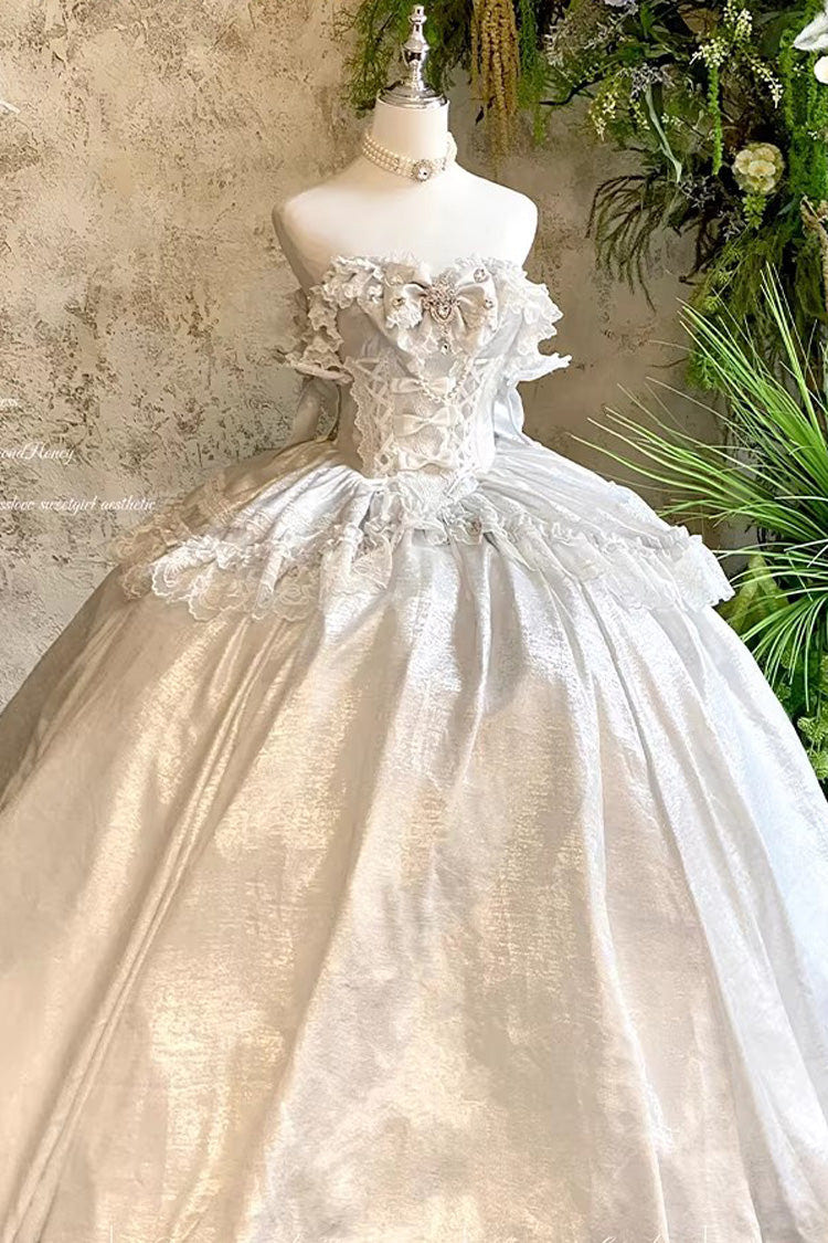 [White Moonlight Lover] Romantic Commemorative Ceremony Sleeveless Ruffled Bow Lace Lace-Up Sweet Elegant Lolita Strapless Dress 3 Colors - Product - 3