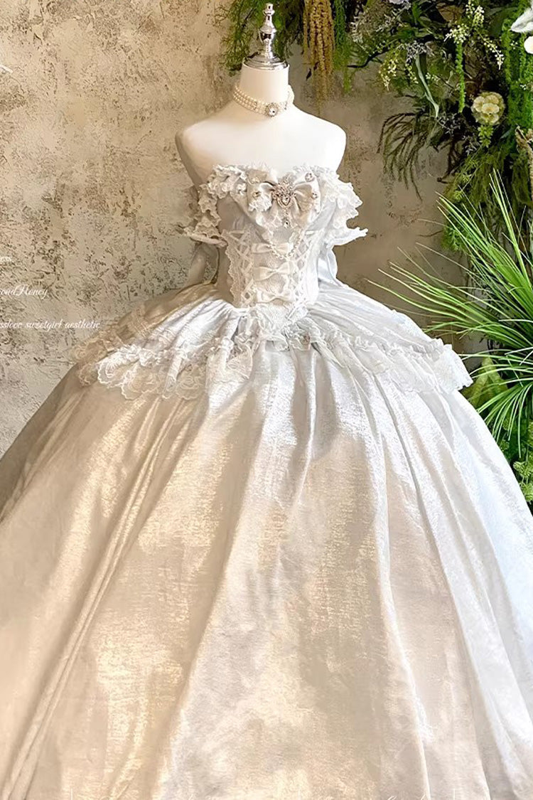 [White Moonlight Lover] Romantic Commemorative Ceremony Sleeveless Ruffled Bow Lace Lace-Up Sweet Elegant Lolita Strapless Dress 3 Colors - Product - 3