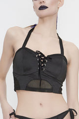 Black Lace-Up Waist Mesh Women's Punk Swimsuit Top - Black - 1