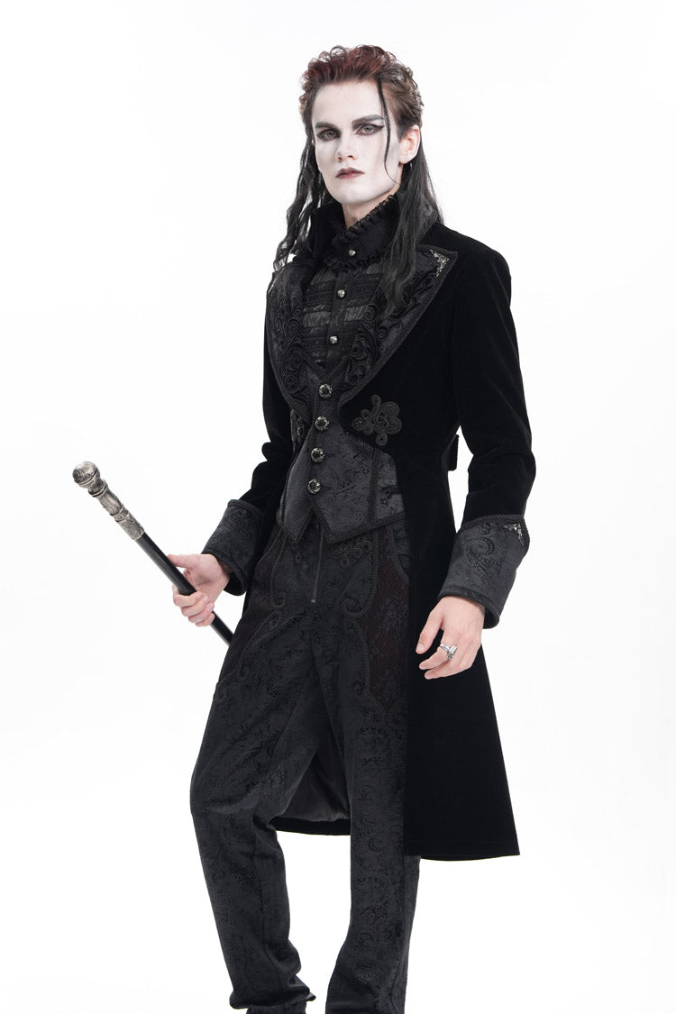 Black Long Sleeves Button Floral Embroidery Men's Gothic Jacket - Product - 5