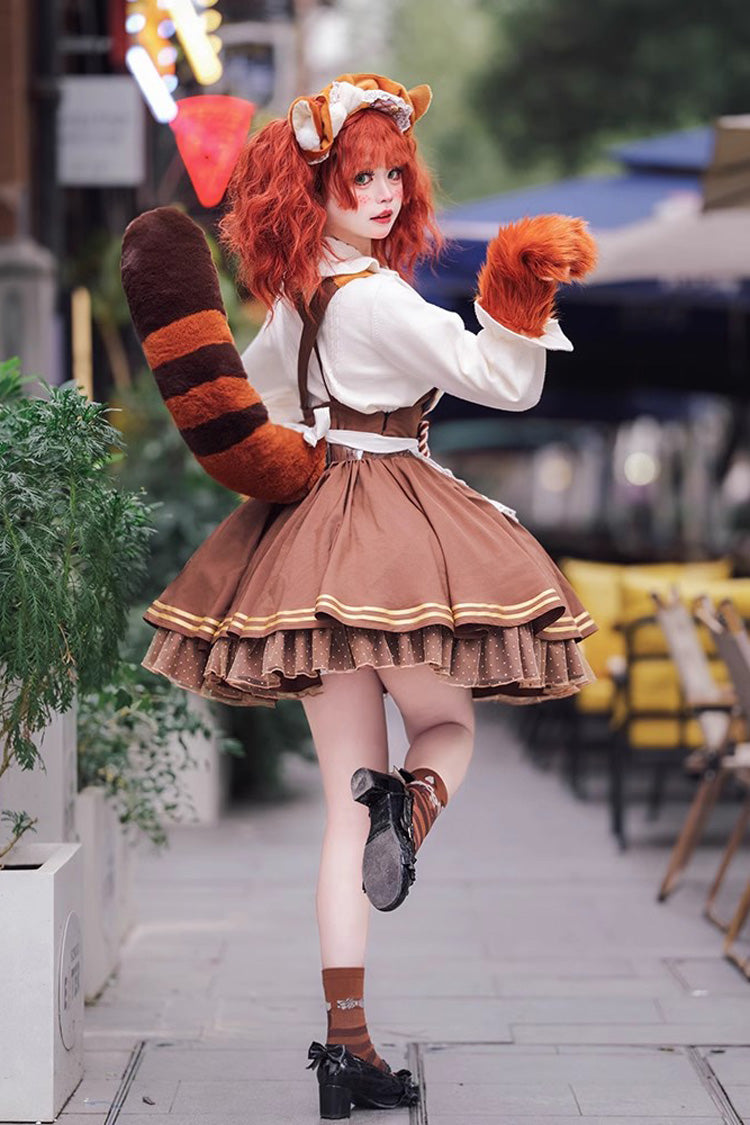 Brown Raccoon Ruffle Bowknot Sweet Lolita Strap Dress - Product - 3