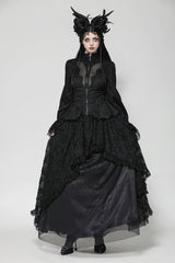 Black Stand Collar Long Trumpet Sleeves Lace Sheer Lace-Up Women's Gothic High Low Tail Coat - Product - 5