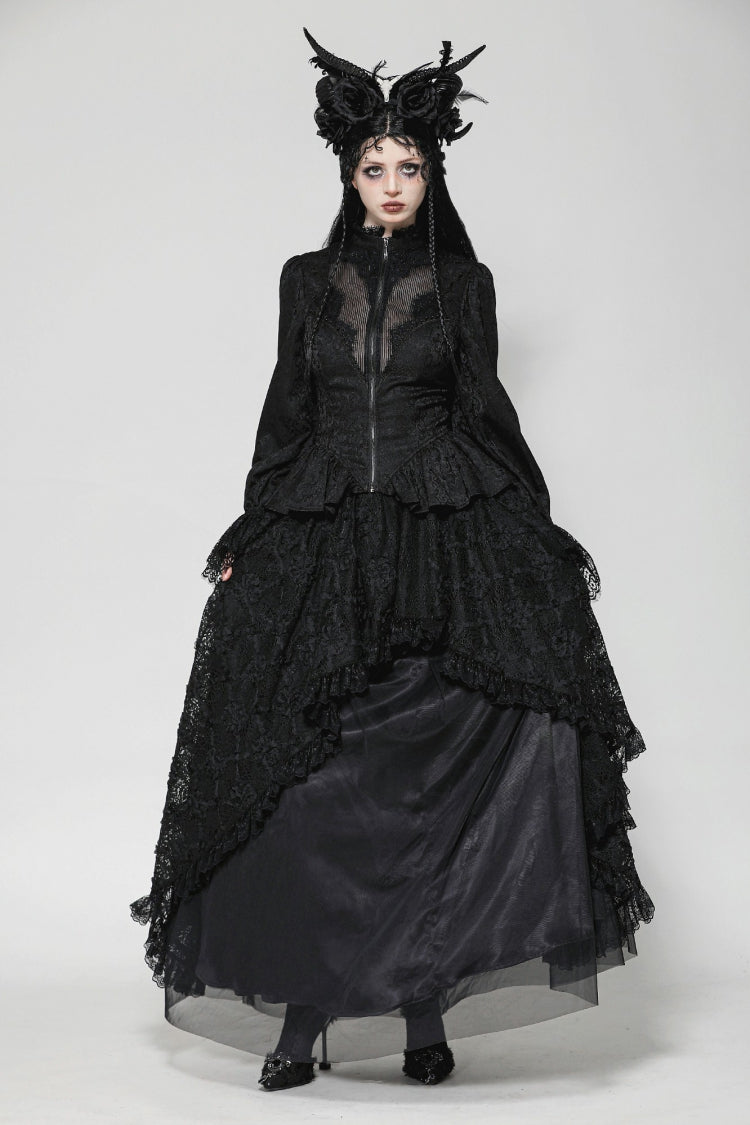 Black Stand Collar Long Trumpet Sleeves Lace Sheer Lace-Up Women's Gothic High Low Tail Coat - Product - 5