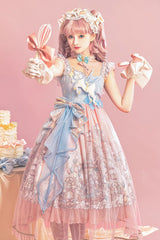 Pink [Cloud Paradise] Print Ruffle Embroidery Bowknot Lace Sweet Lolita Jsk Dress - Product - 4