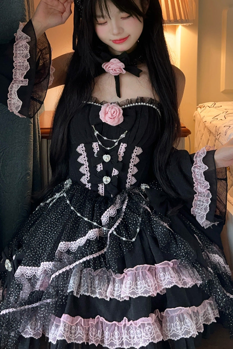 Black/Pink Galaxy Flower Language Multi-Layered Ruffle Bowknot Sweet Lolita Tube Top Dress - image 4