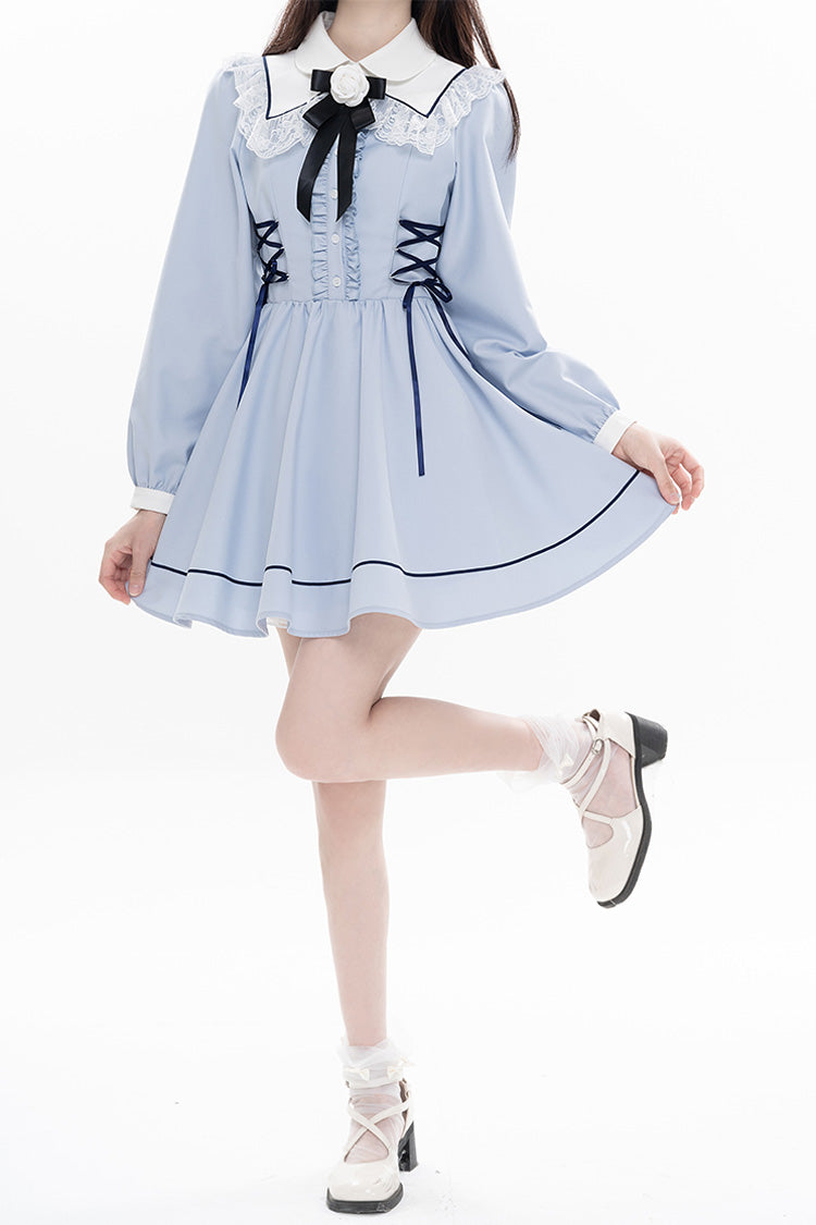 Blue Lapel Collar Long Sleeves Bowknot Lace-Up Jirai Kei Dress - Product - 6