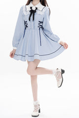 Blue Lapel Collar Long Sleeves Bowknot Lace-Up Jirai Kei Dress - Product - 6