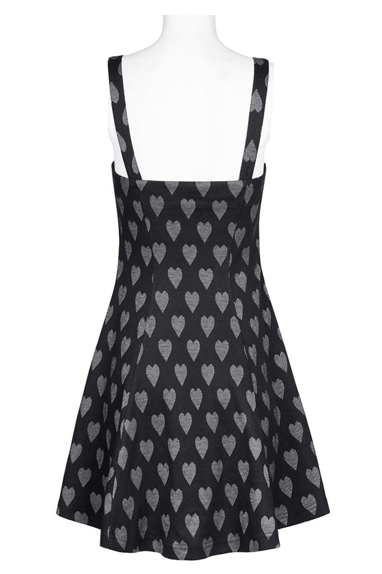 Black/Grey Heart Print Pattern Suspender Hollow Mesh Metal PU Buckle Bow Design Sleeveless Women's Punk Dress - Product - 7