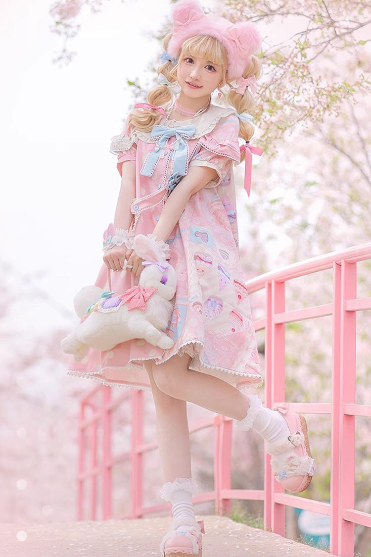 Cake Chocolate Dessert Print Short Sleeves Ruffle Bowknot Sweet Lolita Dress 2 Colors - Product - 6