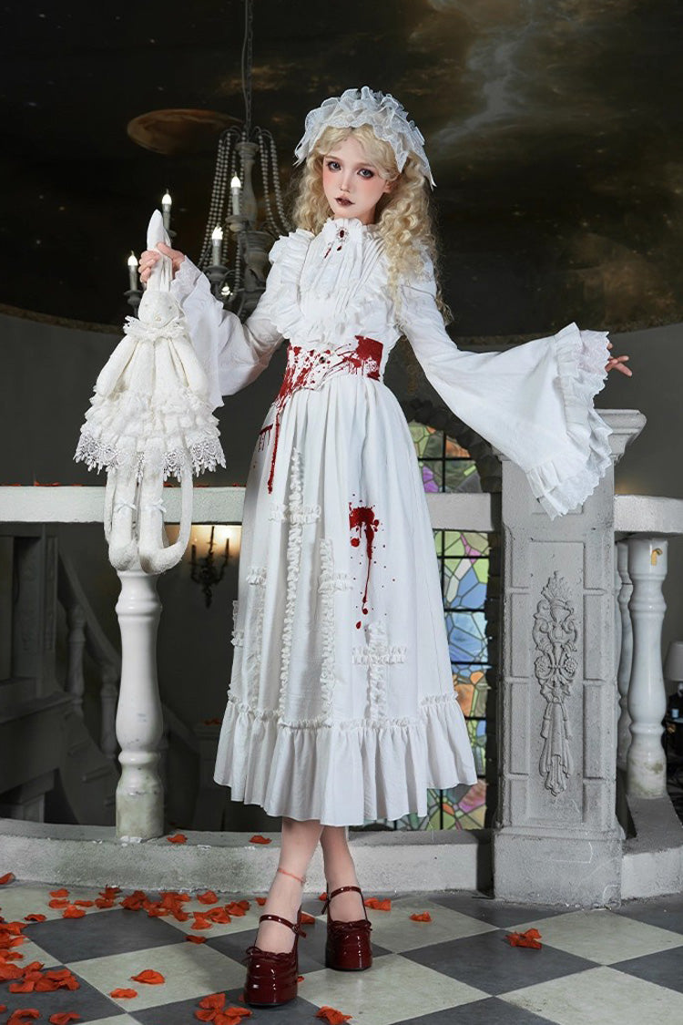 White [Cross Doll] Long Hime Sleeves Ruffle Lace Gothic Lolita Dress Set 2 Versions - Product - 3