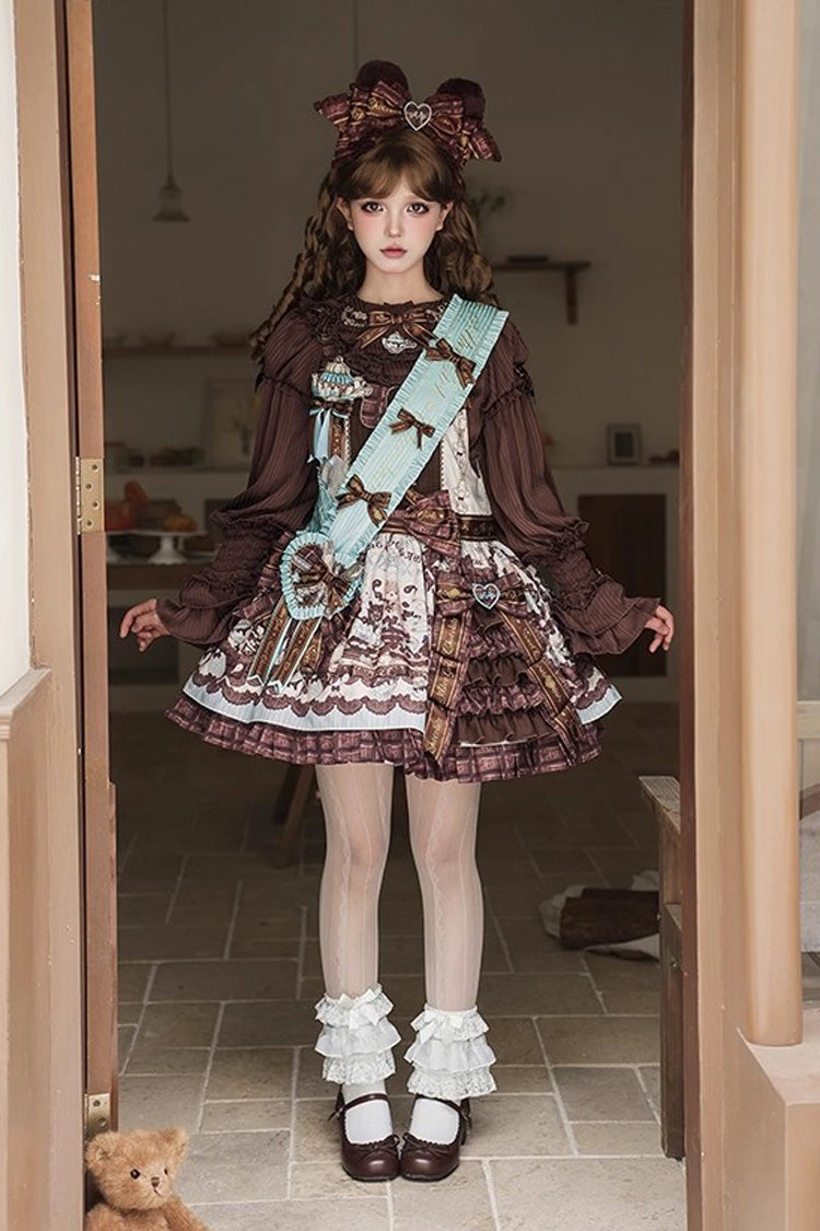 Brown [Teddy Bear Chocolate] Sleeveless Print Ruffle Side Cardigan Bowknot Asymmetric Sweet Lolita Strap Dress - Product - 9