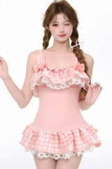 Pink Sleeveless Printed Ruffled Bow Lace Lolita Swimsuit - Product - 8