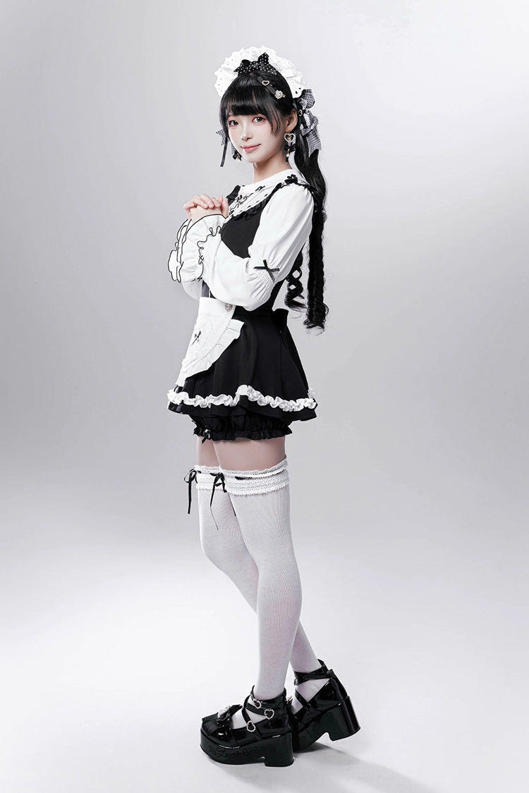 Black/White [Showcase Doll] Japanese Maid-Style Long Sleeves Ruffle Bowknot Jirai Kei Japanese Dress Shorts Set with Detachable Apron - Product - 8