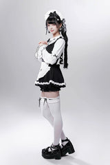 Black/White [Showcase Doll] Japanese Maid-Style Long Sleeves Ruffle Bowknot Jirai Kei Japanese Dress Shorts Set with Detachable Apron - Product - 8
