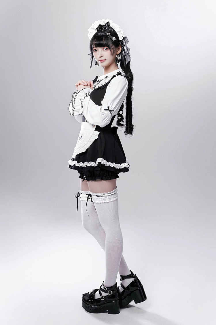 Black/White [Showcase Doll] Japanese Maid-Style Long Sleeves Ruffle Bowknot Jirai Kei Japanese Dress Shorts Set with Detachable Apron - Product - 8