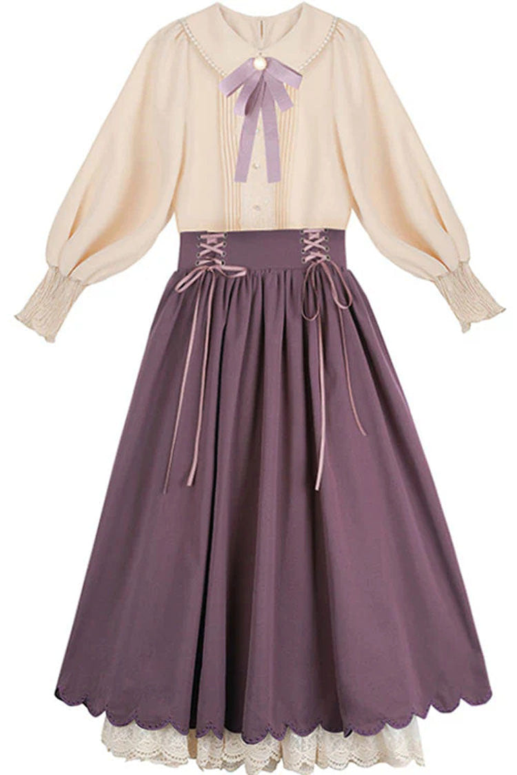 Solid Color High Waisted Lace Wave Hem Two Pieces Classic Lolita Dress - Product - 5