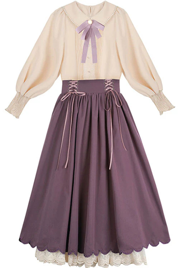 Solid Color High Waisted Lace Wave Hem Two Pieces Classic Lolita Dress - Product - 5