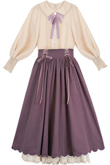 Solid Color High Waisted Lace Wave Hem Two Pieces Classic Lolita Dress - Product - 5