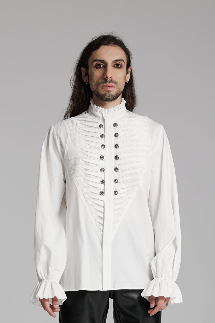 White Stand Collar Beast Buckle Long Sleeves Ruffle Men's Gothic Blouse - White - 1