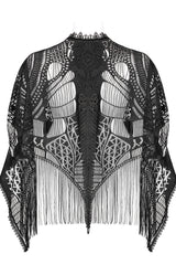 Black Openwork Lace Embroidery Pattern Decoration Hem Fringed Design Elasticated Neckline Women's Gothic Shawl - Product - 5