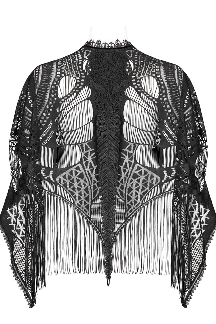 Black Openwork Lace Embroidery Pattern Decoration Hem Fringed Design Elasticated Neckline Women's Gothic Shawl - Product - 5