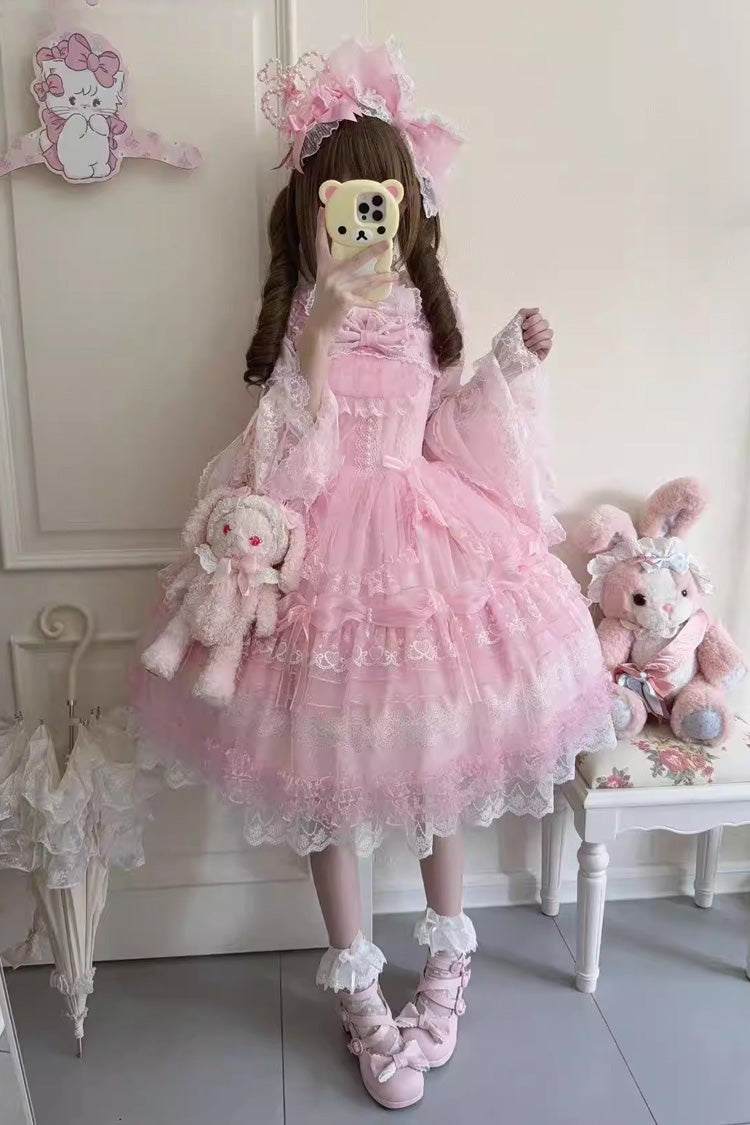 Pink [Sugar Heart Knot] Multi-Layered Ruffled Bow Lace Sweet Lolita Jsk Dress - Product - 5