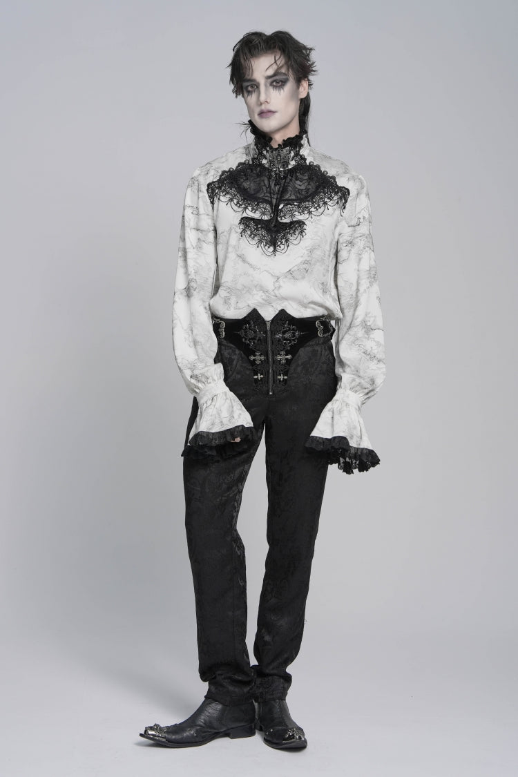 White Stand Collar Long Trumpet Marble Printed Sleeves Embroidered Spliced Men's Gothic Palace Shirt - Product - 6