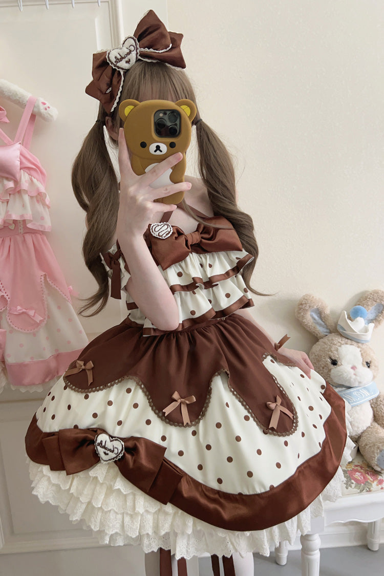 Chocolate Brown Cream Multi-Layered Polka Dots Print Ruffle Bowknot Sweet (Dress Only) detail view 7
