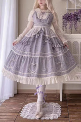 Psalm Rose Doll Collar Print Ruffle Sweet Lolita Jsk Dress 2 Colors - Purple - 1