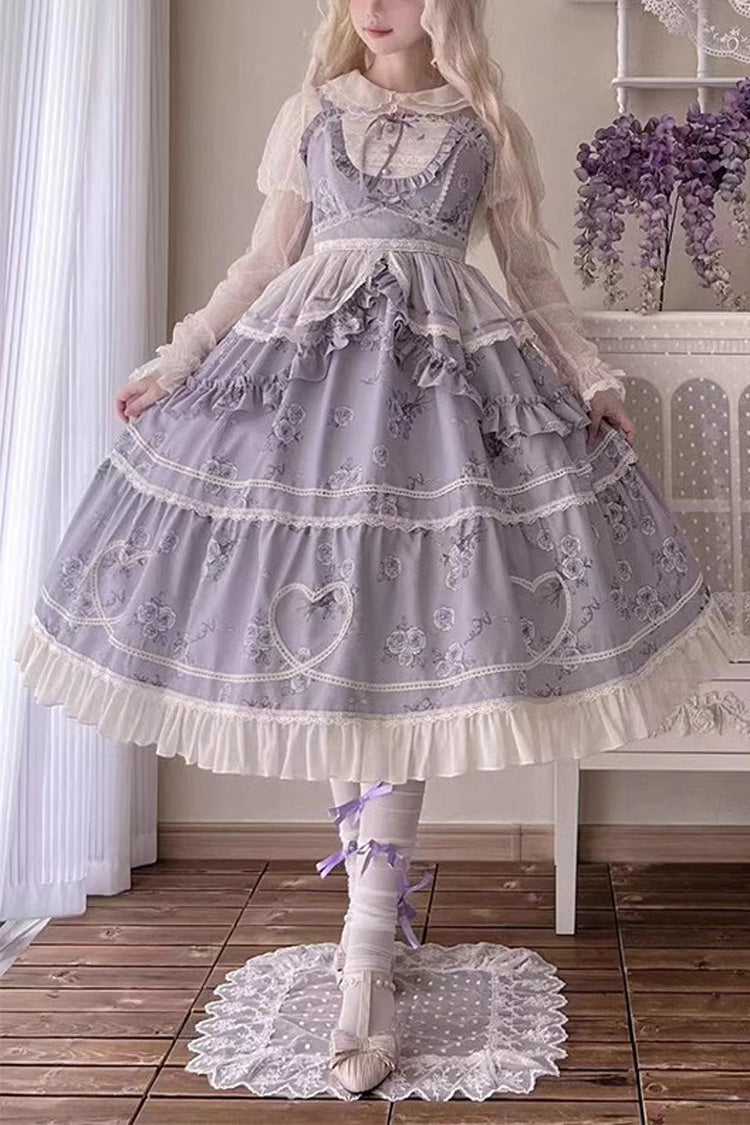 Psalm Rose Doll Collar Print Ruffle Sweet Lolita Jsk Dress 2 Colors - Purple - 1