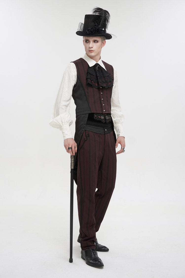 Red Retro Micro-Elastic Thick Stripe Stitching Three-Dimensional Texture Detachable Men's Punk Swallowtail Vest - Product - 3