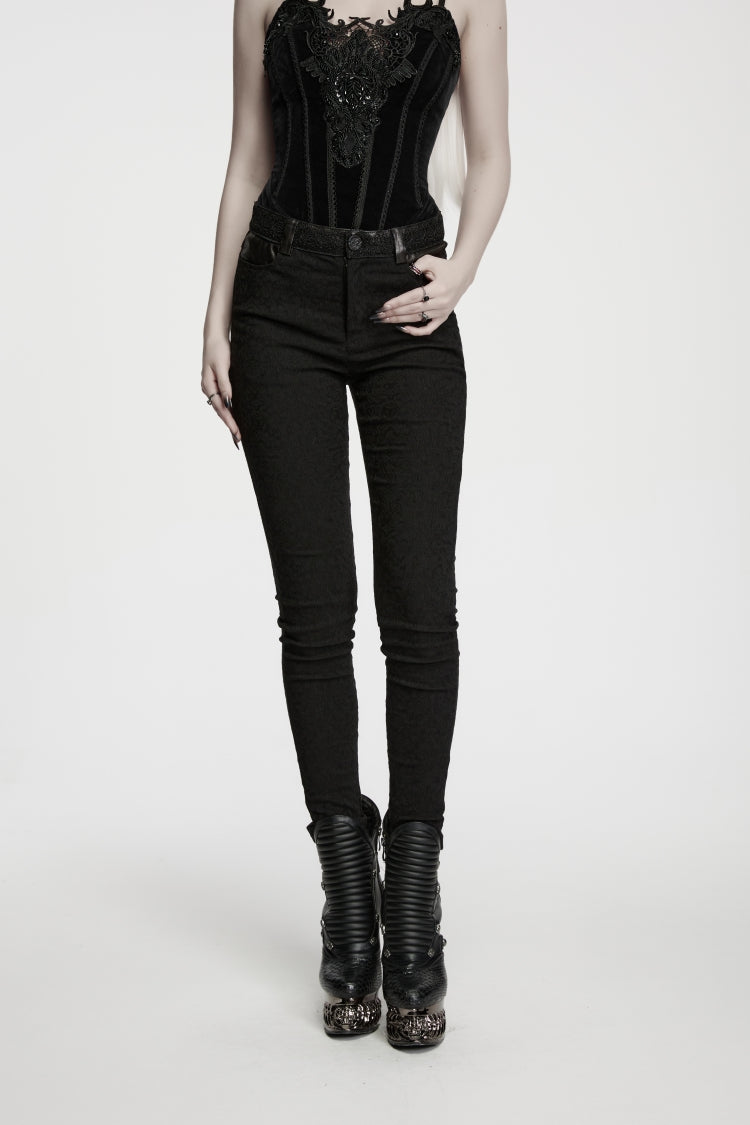 Black Jacquard Slim Fit Women's Gothic Cool Cosplay Pants - Product - 9