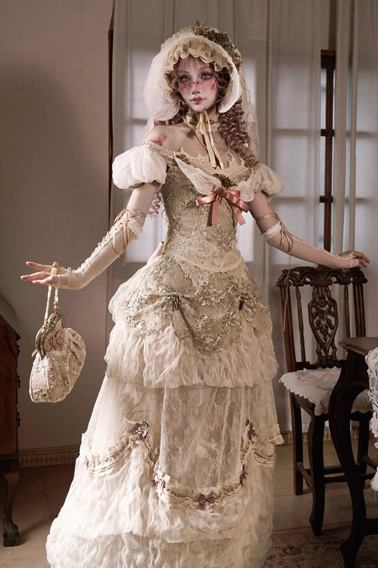 Light Brown [Cupid’s Poetry Box] Boat Neck Short Puff Sleeves Ruffled Cut-Out Embroidered Bow Lace Gothic Elegant Lolita Skirt Dress and Top Set - Product - 5