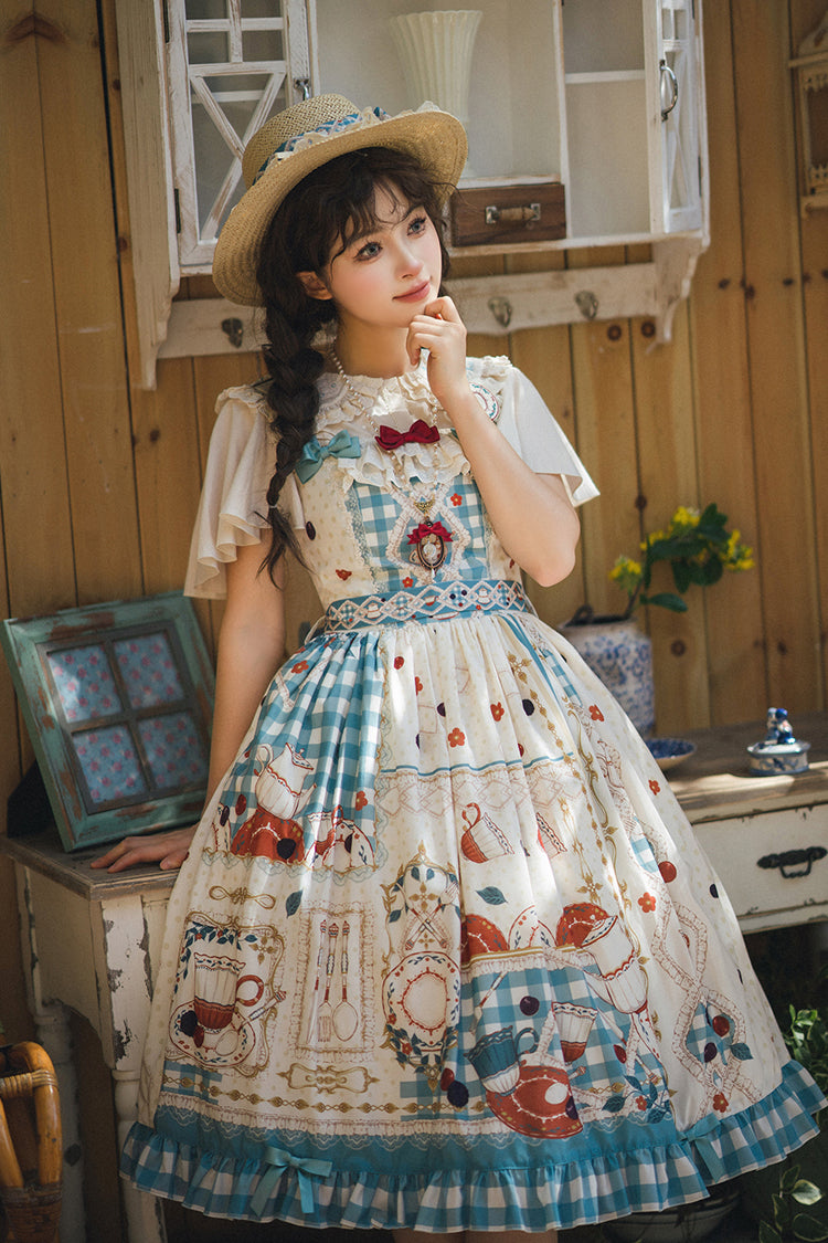 Blue/Green [Tea Party] Print Ruffle Bowknot Lace Sweet Elegant Lolita Jsk Dress - Product - 6