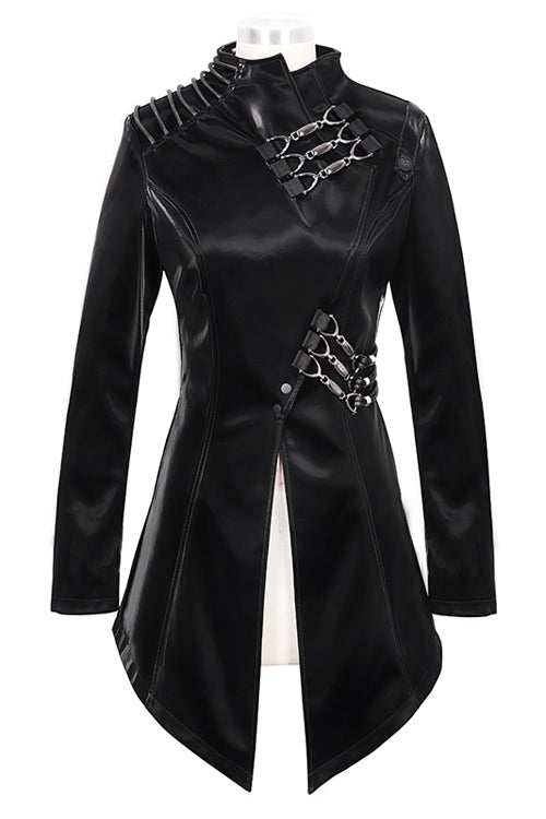 Black High Collar Slim Leather Womens Punk Coat - Product - 5