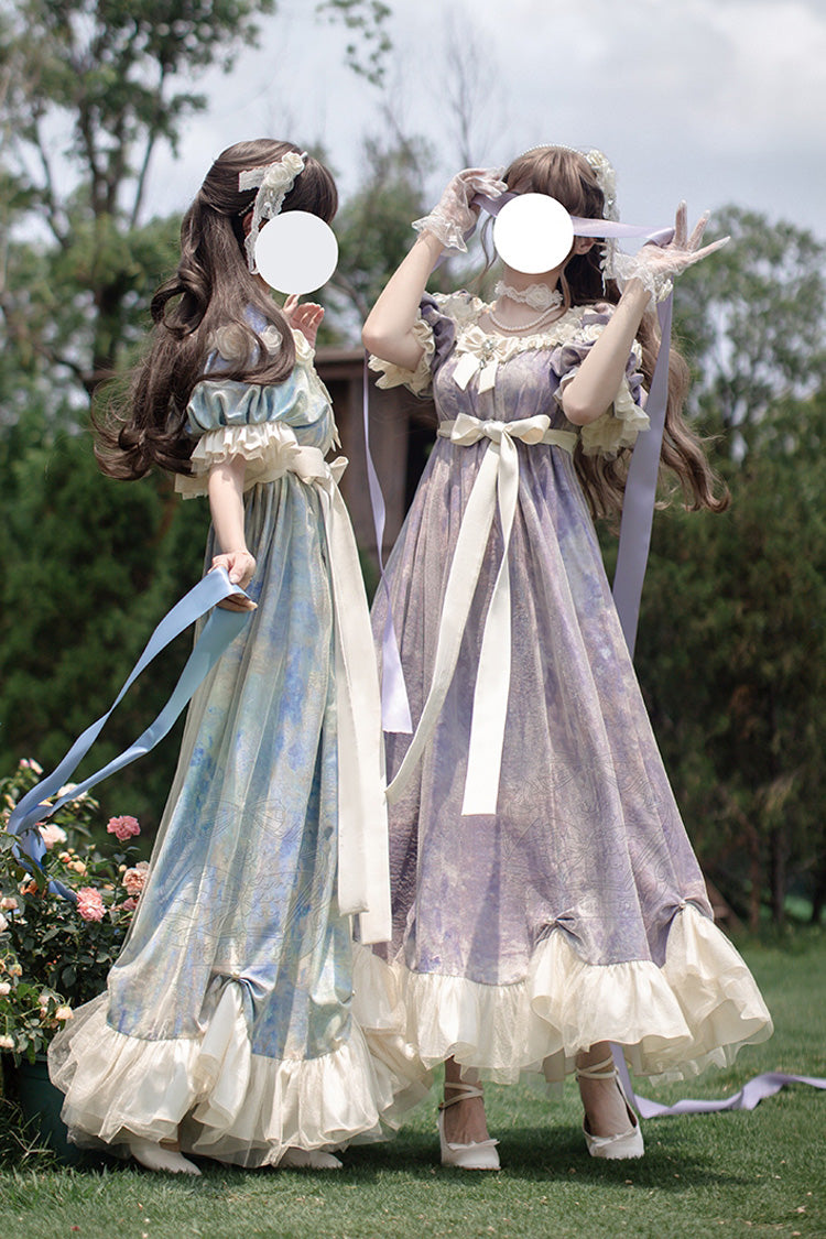 Blue [Oil Painting Sun and Moon Poem] Short Sleeves Print Ruffle Bowknot Sweet Princess Lolita Dress - Product - 12