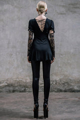 Black Sexy Mid-Length Patterned Lace Modal Women Gothic T-Shirt With Necklace - Product - 6