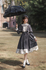 Dark Blue [Berlin Evening News] Long Sleeves Striped Print Ruffle Bowknot British College Style Elegant Sweet Lolita Dress - Product - 4