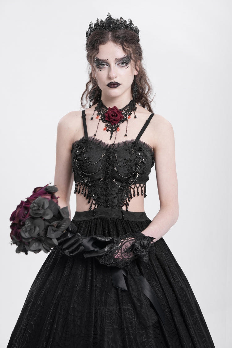 Black Jacquard Floral Embroidery Lace Ripped Women's Gothic Party Slip Dress - Product - 12