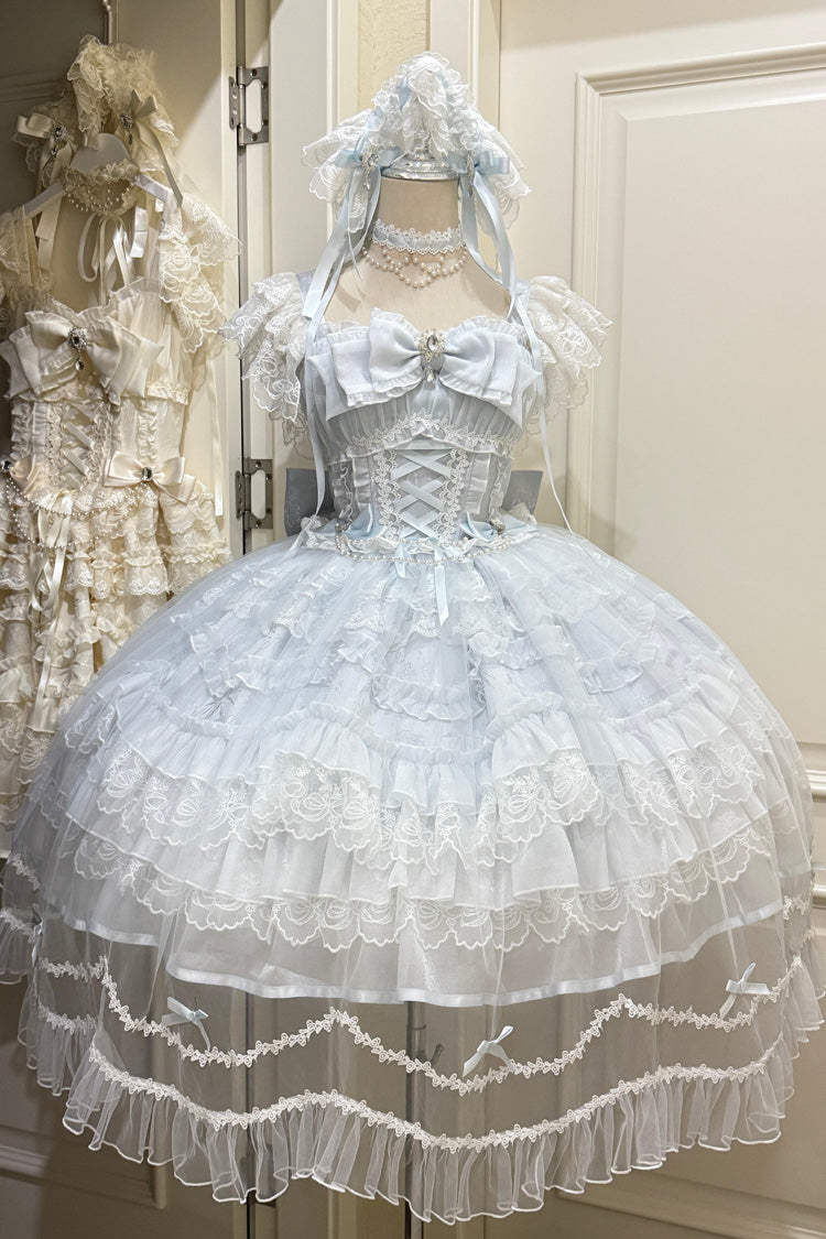 Blue [Eternal Vow] Sleeveless Multi-Layered Ruffle Hanayome Bowknot Lace Lace-Up Sweet Lolita Jsk Dress - Product - 3