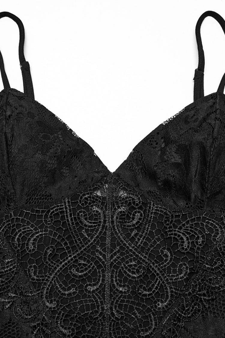 Black Sleeveless Plunging Split Hollow Embroidery Lace Women's Gothic Evening Slip Dress - Product - 5