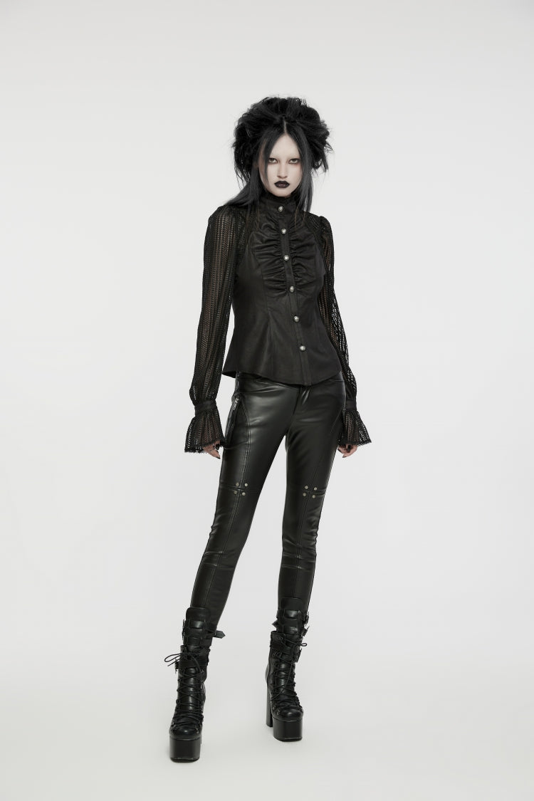 Black Stand Collar Stitching Mesh Women's Punk Blouse - Product - 4