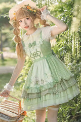 Green Multi-layer Print Ruffle Bowknot Country Style Sweet Lolita Jsk Dress (With Apron) - Green - 1