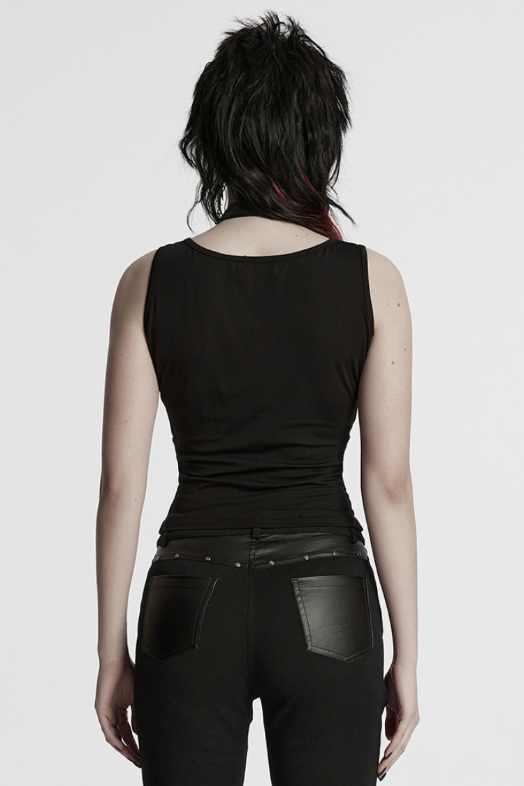 Black Halterneck Sleeveless Buckle Strap Women's Punk Vest - Product - 3