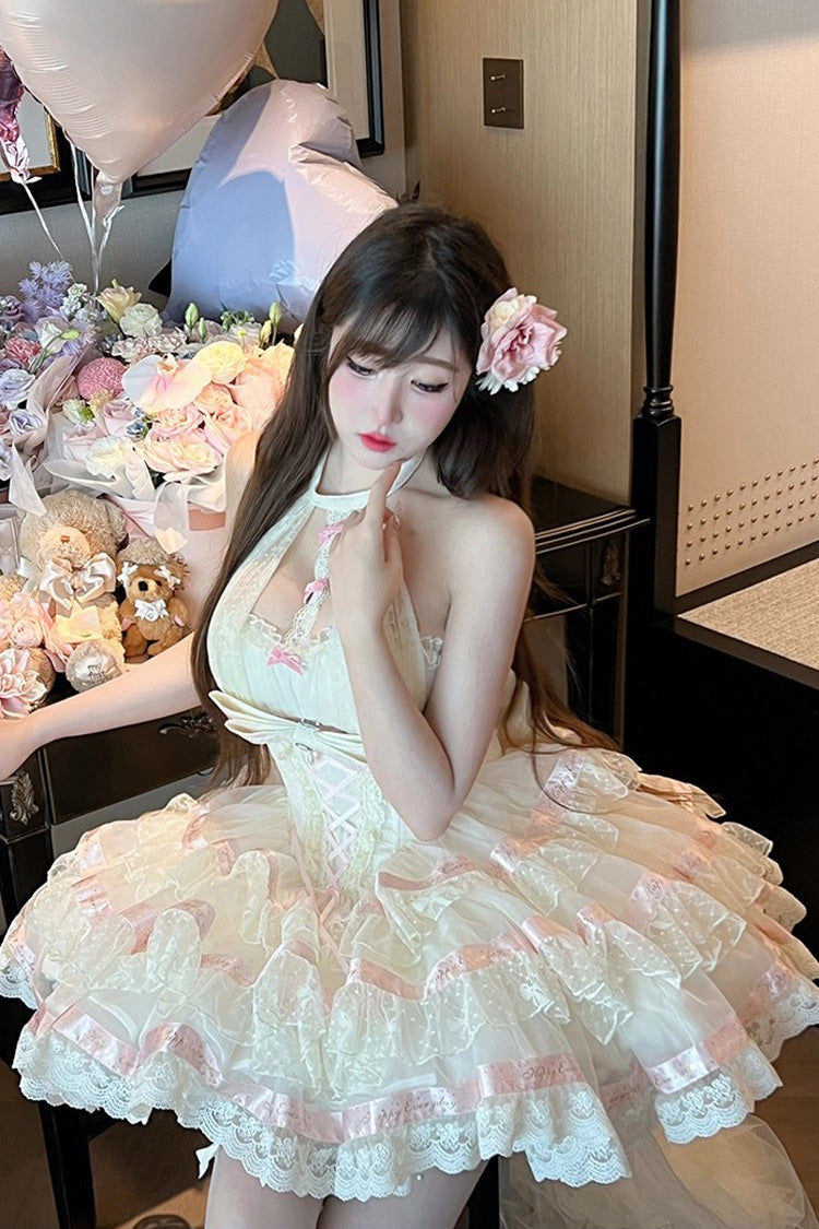 Beige [Ballet Dream] Halterneck Triple-Layered Ruffle Bowknot Lace-Up Sweet Princess Lolita Dress - Product - 7